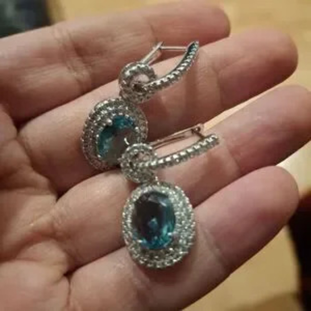 Luxurious Blue Diamond Dangle Earrings - Picture 6 of 7